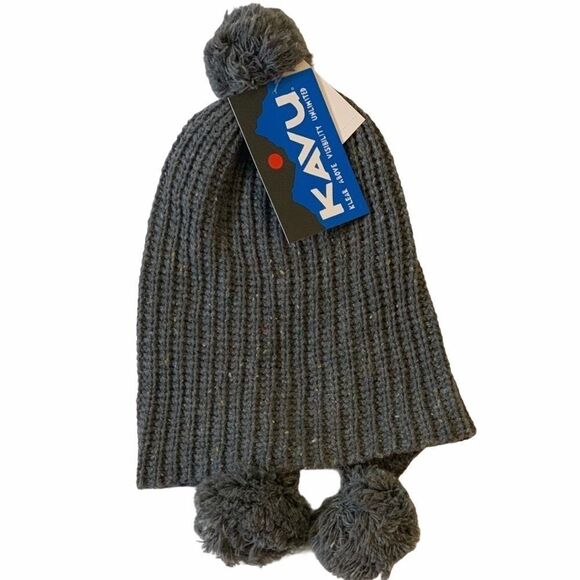 KAVU Cloud Nine Pom Pom Beanie Hat Mineral Gray Chunky Knit Ear Flap New, OS main image 4